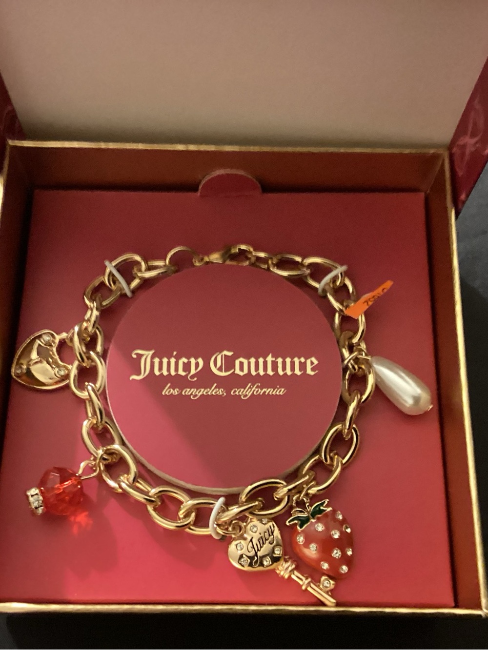 Juicy Couture Gold Charm Bracelet with Red Strawberry Pearl Charm - Picture 2 of 6